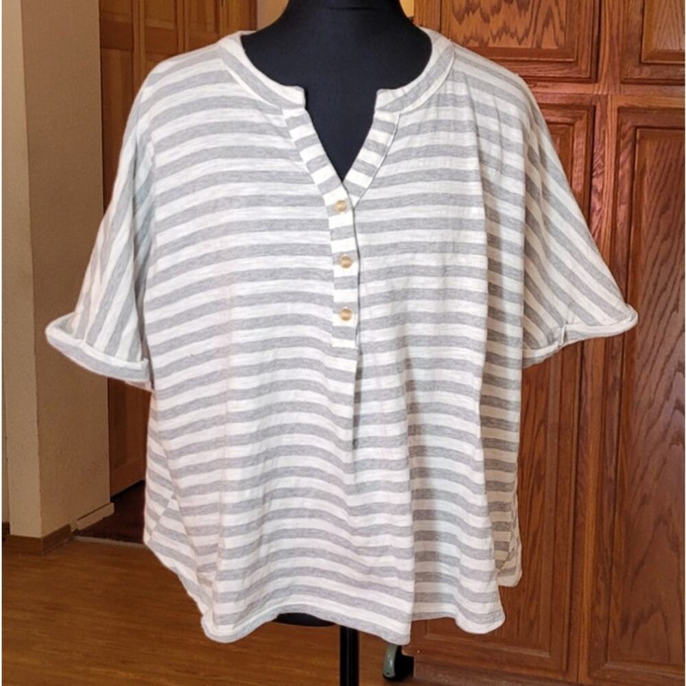 Vtg Notations Gray/White Striped S/S Womens T-Shirt 2X Top Henley Y2K 80s 90s